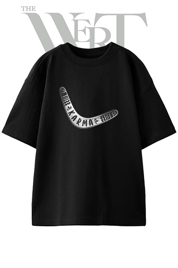 Boomerang Karma Design Printed Unisex Black Oversize T-Shirt