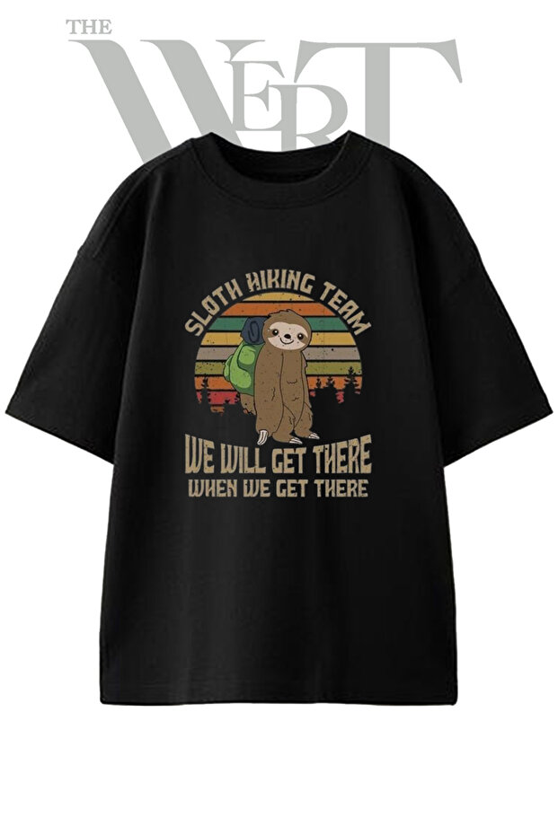 Sloth Hiking Design Printed Unisex Black Oversize T-Shirt