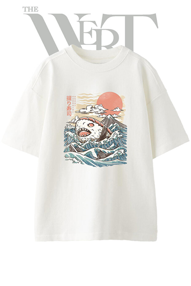Sushi Shark_1 Design Printed Unisex White Oversize T-Shirt