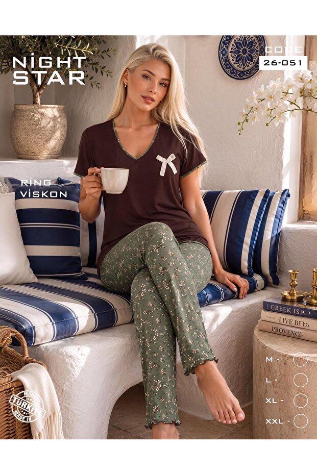 Elza Ribbon Detailed Ring Viscose Pajama Set