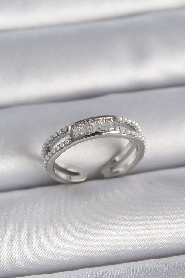 Brass Silver Color Adjustable Row Pearl Zircon Stone Women's Ring