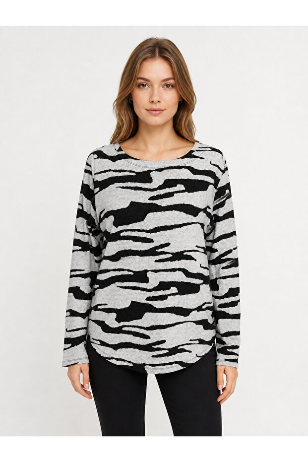Women's Black Gray Patterned Long Sleeve Knitwear Blouse
