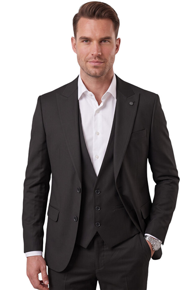 Black Slim Fit Lycra 3-Piece Suit Jacket Vest Trousers Modern Stylish Design 2601798