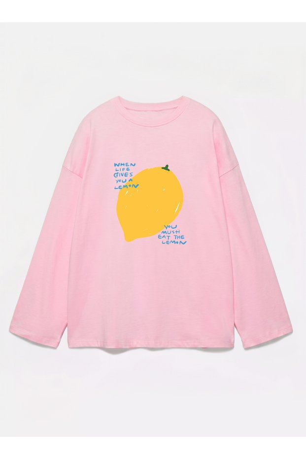 100% Cotton Oversize Fit Eat the Lemon Printed - Crew Neck Long Sleeve T-Shirt