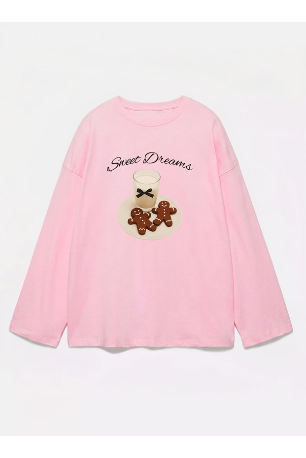 100% Cotton Oversize Fit Sweet Dreams Printed - Crew Neck Long Sleeve T-Shirt