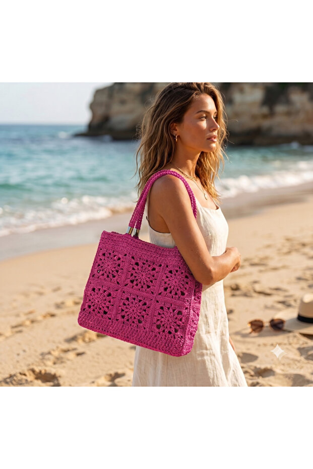 Boho Style Hand Knitted Paper Rope Fuchsia Pink Shoulder Bag - Summer Design Straw Bag