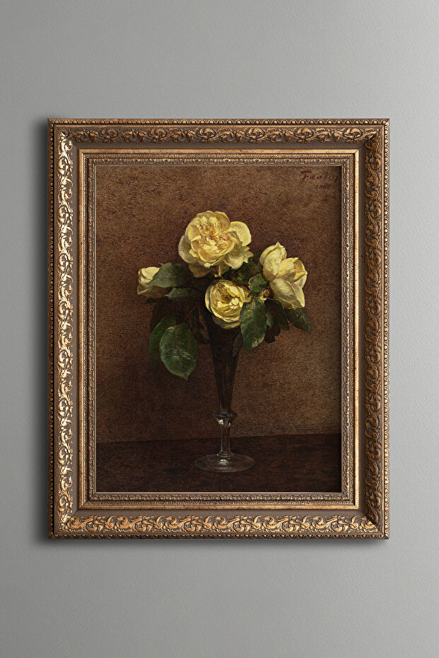 Yellow Roses in Glass Vase - Vintage Patterned Painting - Thick Model