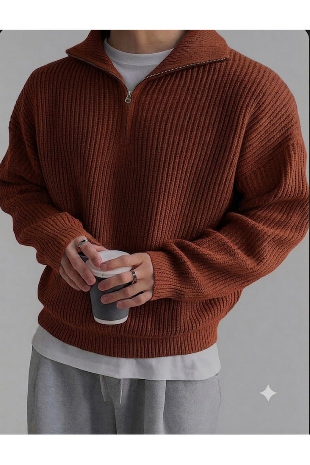 Men's Long-Sleeved Winter Thick Half-Zip Knitwear Sweater Oversized High-Neck 100% Cotton Fisherman Stand-Up Collar