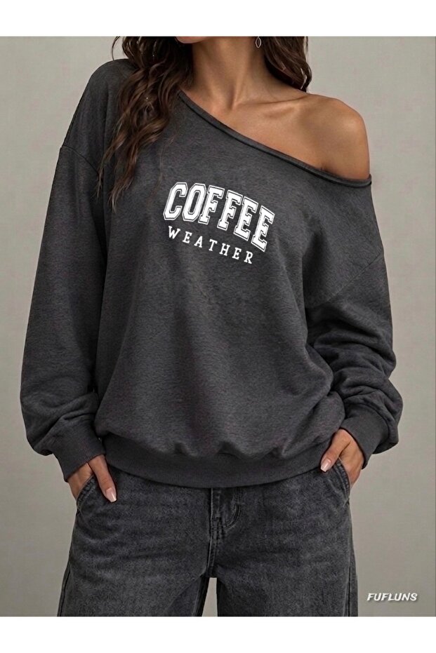 سويت شيرت نسائي كبير الحجم مطبوع عليه COFFEE WEATHER بياقة كاكي