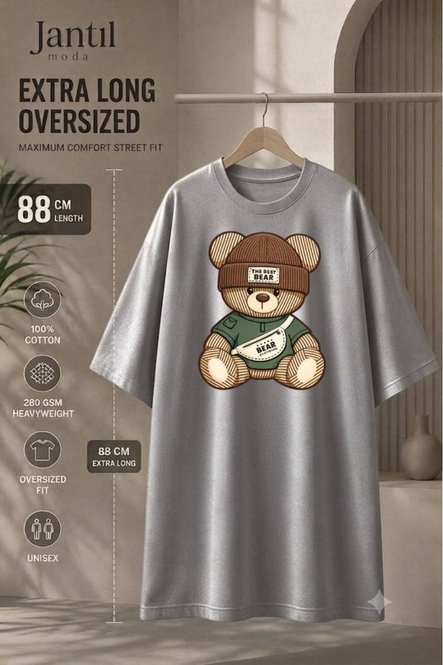 Crew Neck Bear Print Extra Long Oversize Tunic T-Shirt with Beret and Bag Short Sleeve
