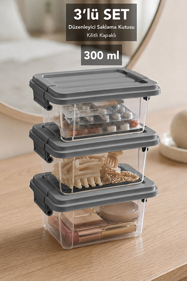3 Pieces 300ml Organizer Box - Cabinet Drawer Organizer with Lockable Lid Elora Storage Box Gray