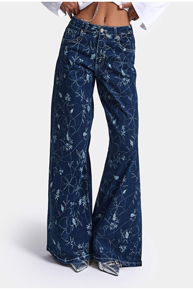 Women's Blue 1W6-5 Palazzo Fit Special Floral Printed Fabric Design Denim Jean