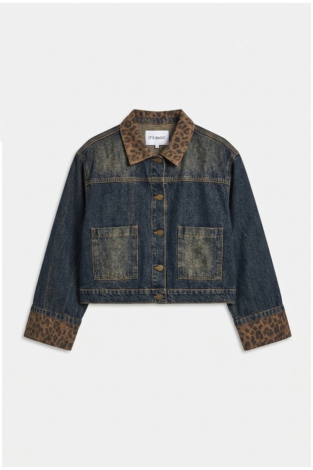 Women's T.Kot Color 2W6-8 Oversize Belt Length Leopard Detailed Design Denim Jacket