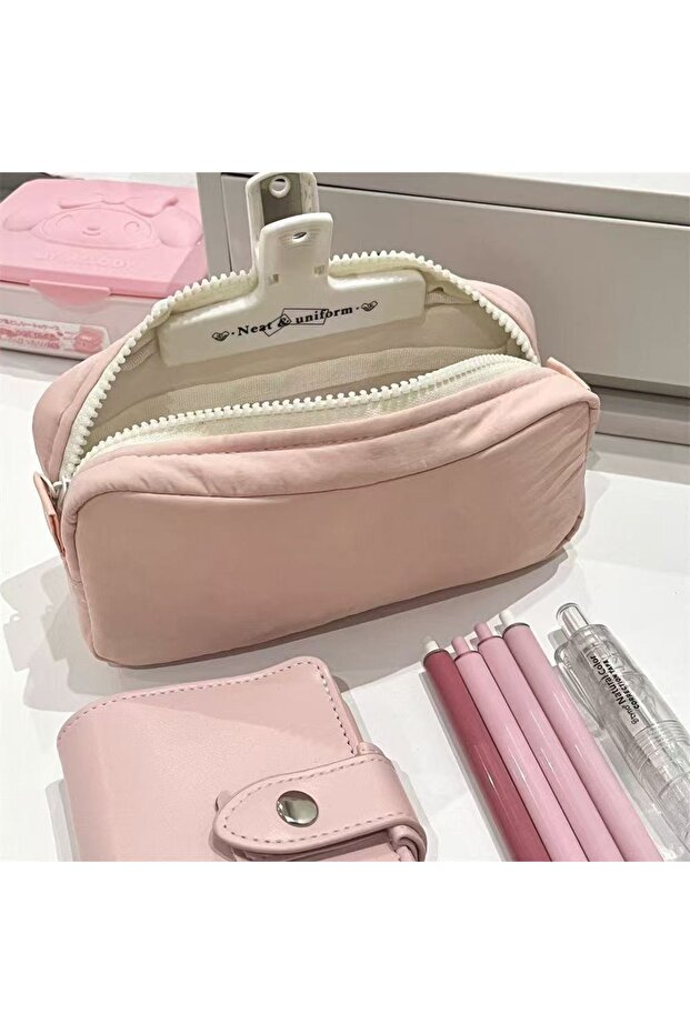 Pink Fresh Solid Color Simplicity Pen Bag Large Capacity Zipper Stationery Bag Portable Students Pen