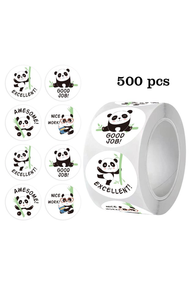 H0096-500pcs 100-500PCS Panda Reward Stickers Roll for Kids, 1 Inch Round Cute Animal Panda Bamboo K