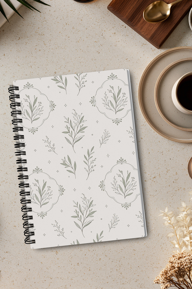 Elegant Leaf Motif Botanical Design A5 50 Sheets 100 Pages Spiral Checkered Notebook