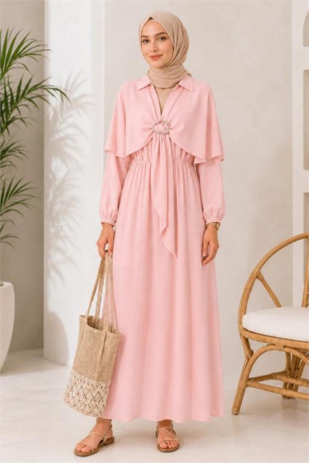 Women's Pink Cape Detailed Shirt Collar Elastic Waist Hijab Dress Nbelb014
