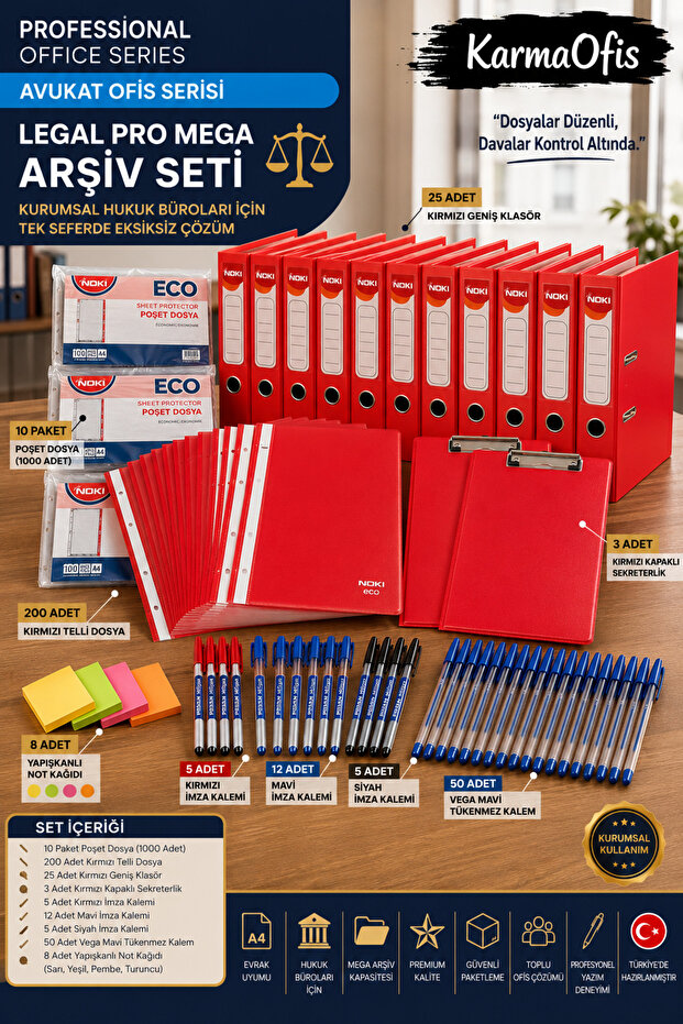 Lawyer Office Series Mega Red Archive Set |   10 Pack Pouch Folders + 200 Ring Binders + 25 Wide Folders + Secretary Folder + Pen Set + Sticky Note Paper