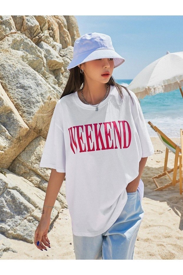 Women's White Weekend Printed Oversize T-Shirt