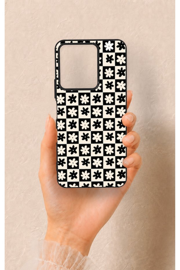 Vivo Y35 Compatible Flower Motif Checkered Pattern Silicone Case