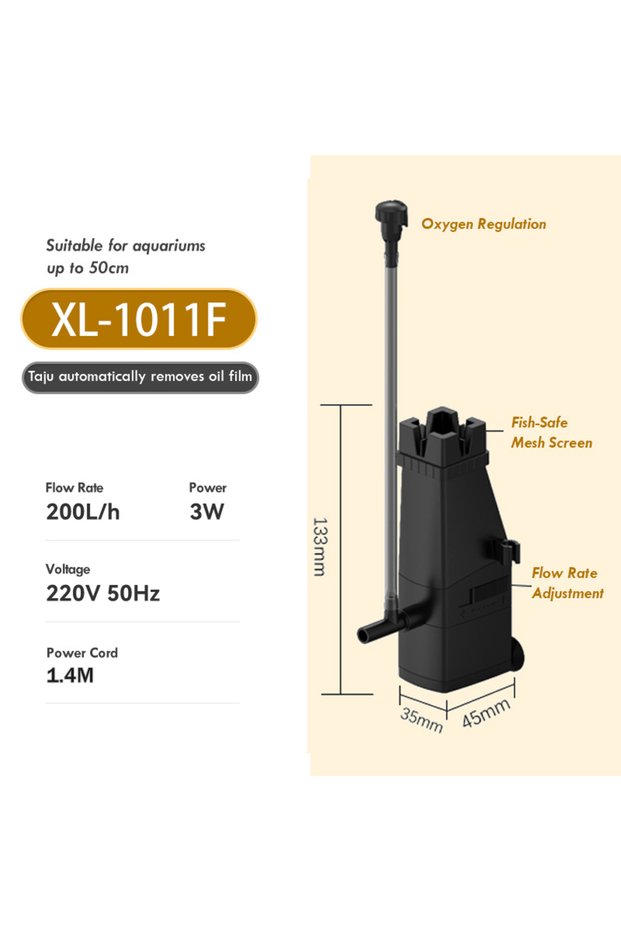 1011F-3w Black Mini Aquarium Surface Oil Skimmer Filter Auto Mute Oil Film Processor Water Filtrati