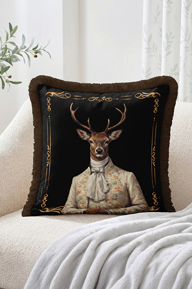 Stylish Deer Portrait Figured Floral Jacket and Gold Frame Patterned Fringe-Tassel Throw Pillow Cover