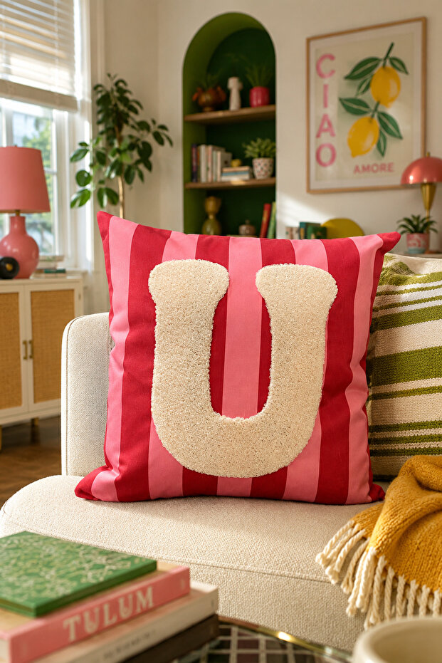 Punch Embroidered Throw Pillow Cover - 43*43 cm - Pink Letter U - Pnk001
