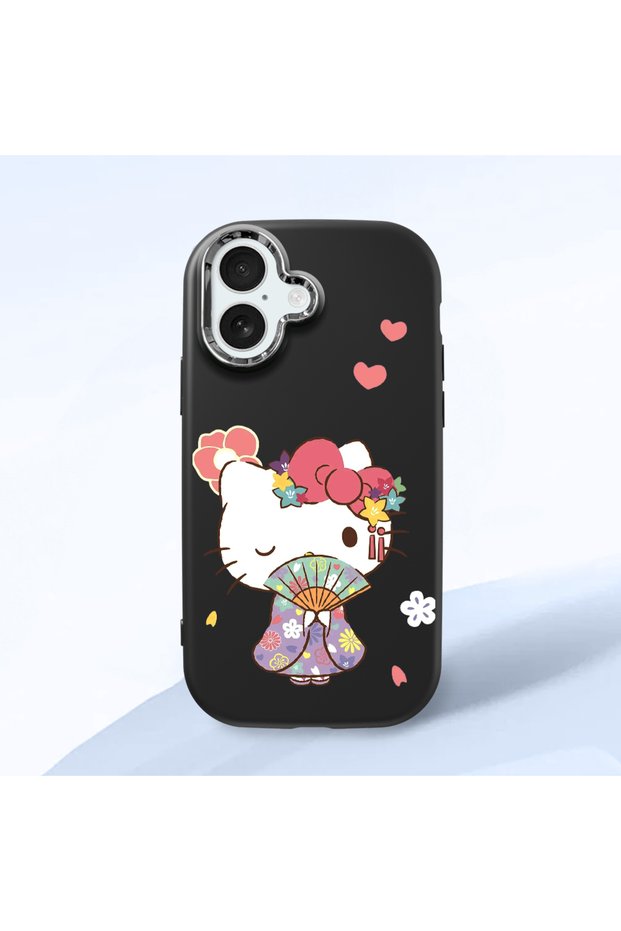 iPhone 17 Compatible Case with Camera Protector Black Silicone Couple Phone Case with Kitty Pattern