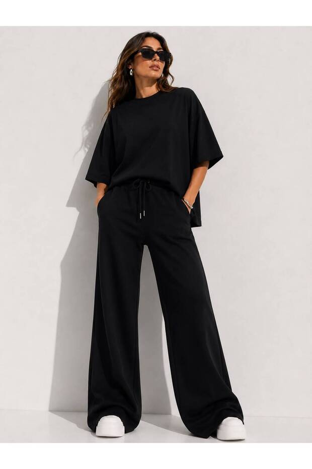 Set of 2 Bottom Modal Palazzo Top Cotton Oversize T-Shirt Set