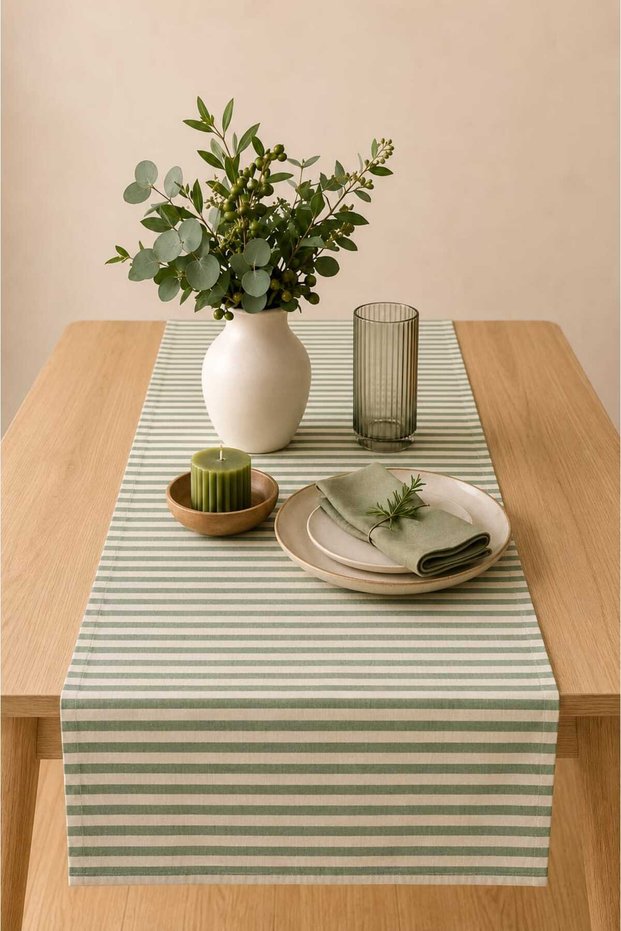 Striped Green Linen Bohemian Vintage Large Runner 50X200