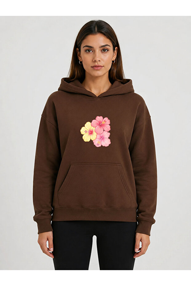 Floral Printed Hooded 2 Thread Threaded Sweatshirt