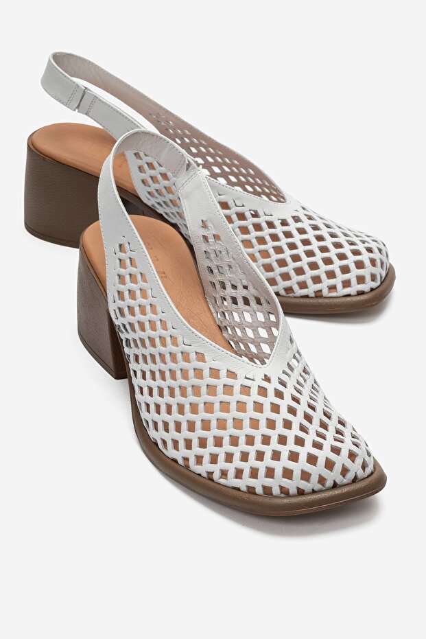 Monvera White Skin Genuine Leather Closed Front Laser Cut Thick Heeled Women's Sandals