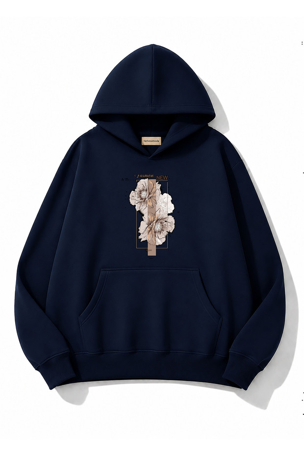Floral Printed Hooded 2 Thread Threaded Sweatshirt