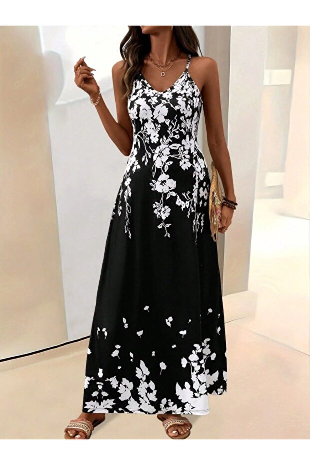 Women's Strappy V-Neck Patterned Long Single Jersey Dress