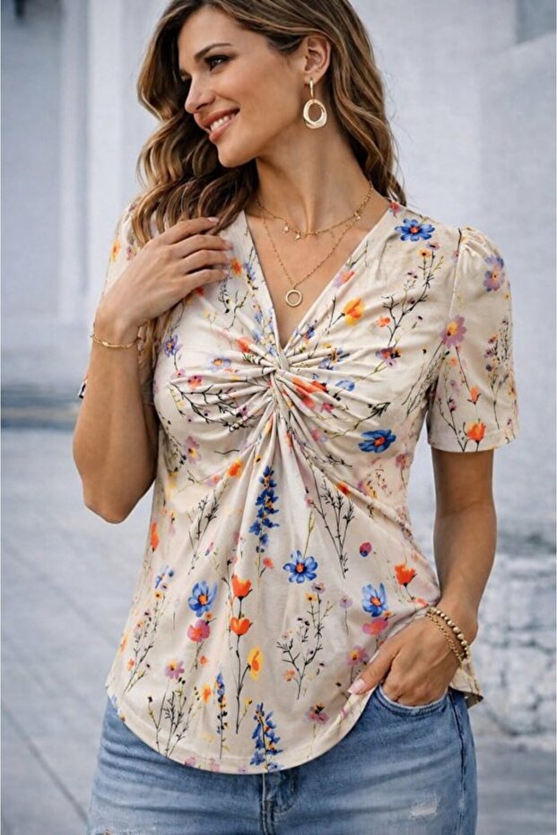 Women's Short Sleeve V Wrap Collar Floral Pattern Single Jersey Blouse