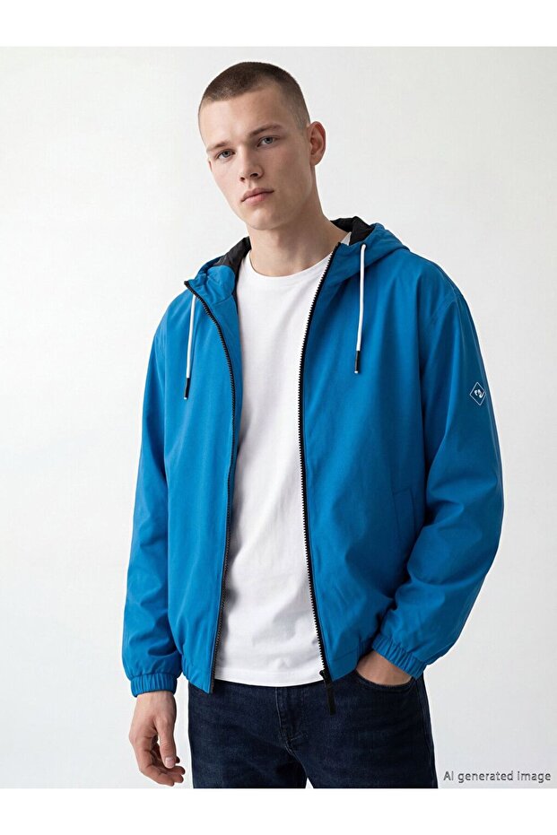 Xside Blue Comfortable Fit Hooded Men's Coat