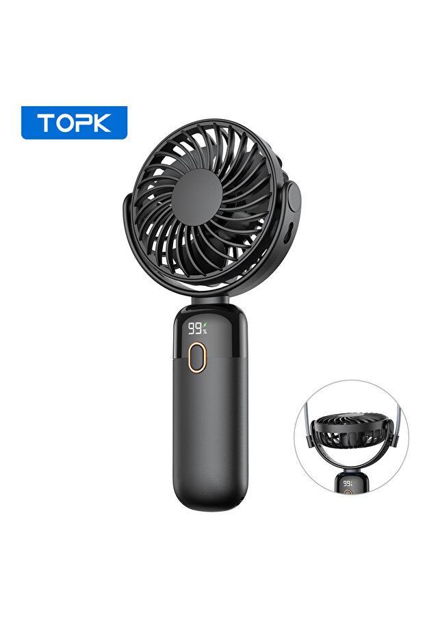 Black 5000mah TOPK Mini Portable Handheld Fan USB Rechargeable Fan 360° Rotatable Handheld and Neck