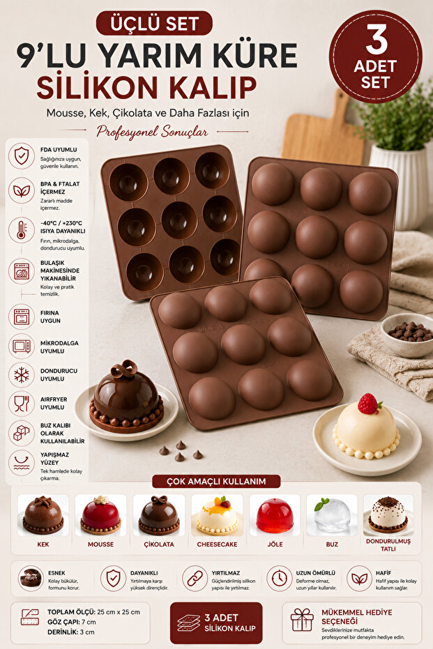 Set of 3 9-Piece Silicone Hemisphere Molds |   Non-Stick Mousse, Chocolate, Mini Cake and Dessert Mold |   Bpa Free |   25X25 cm