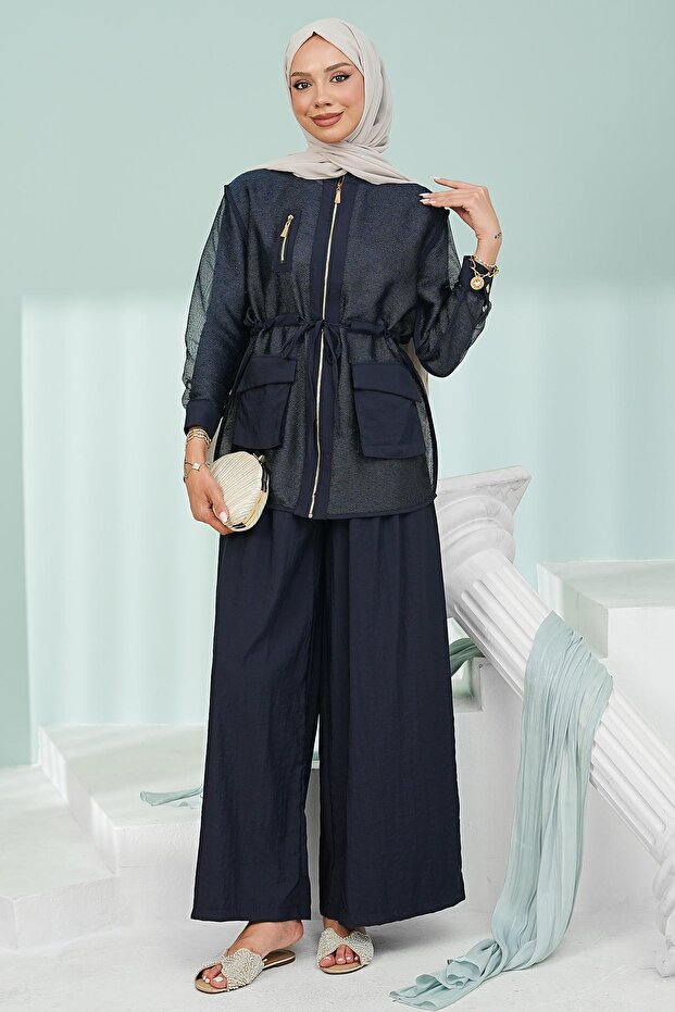Navy Blue Waist-Tie Undergarment Jacket and Trousers 3-Piece Set