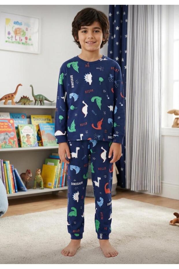 Boy's Dinosaur Pattern Cotton Long Sleeve Pajama Set