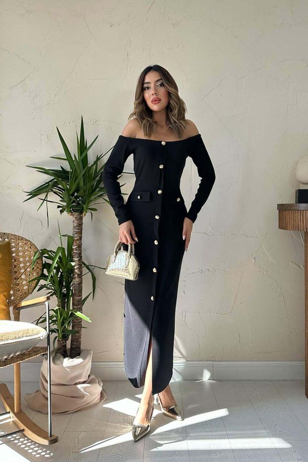 Women's Black Long Knitwear Dress with Boat Neckline, Gold Buttons, Pockets and Slits