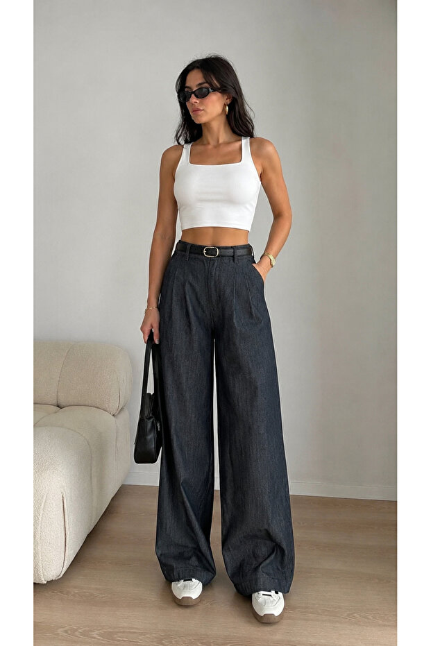 Premium Original Branded High Waist Pleated Wide Leg Jeans Trousers