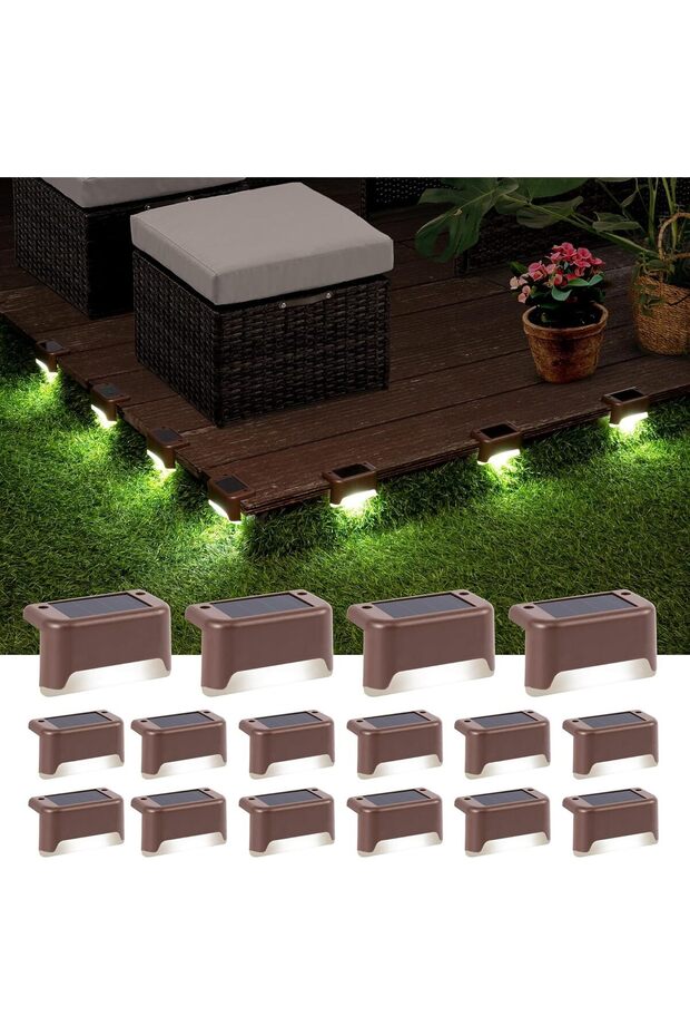 Outdoor solar deck lights, 16-unit waterproof LED solar lights, suitable for stairs, steps, fences, railings, patios and terraces (cool white light).