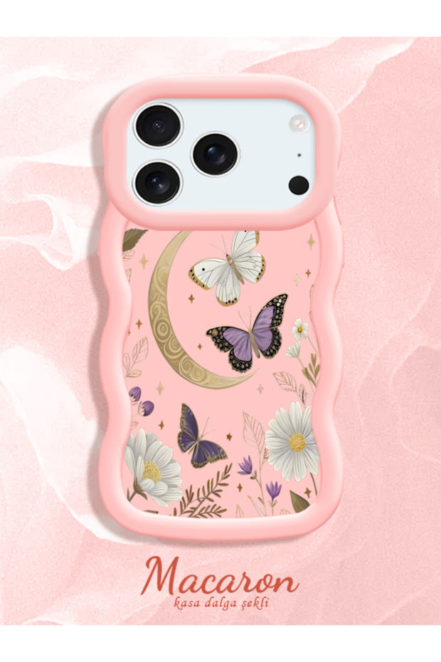 iPhone 17 Pro Max Compatible Wavy Frame Moon Butterfly and Flower Pattern Silicone Phone Case