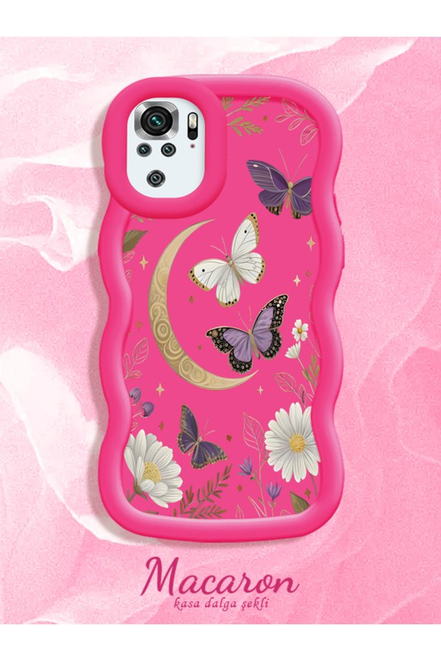 Poco M5S Compatible Wavy Frame Moon Butterfly and Flower Patterned Silicone Phone Case