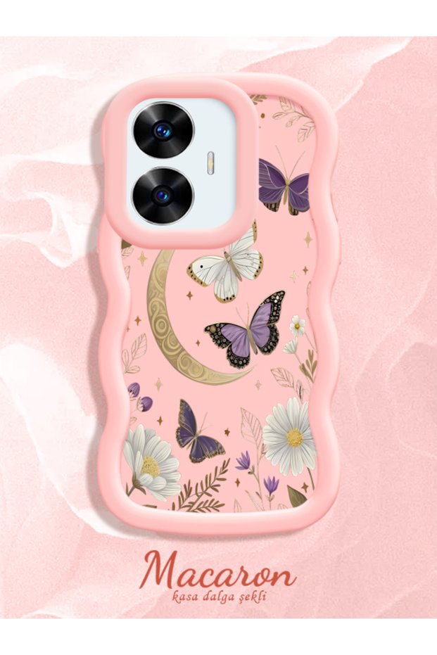 Realme C55 Compatible Wavy Frame Moon Butterfly and Flower Pattern Silicone Phone Case