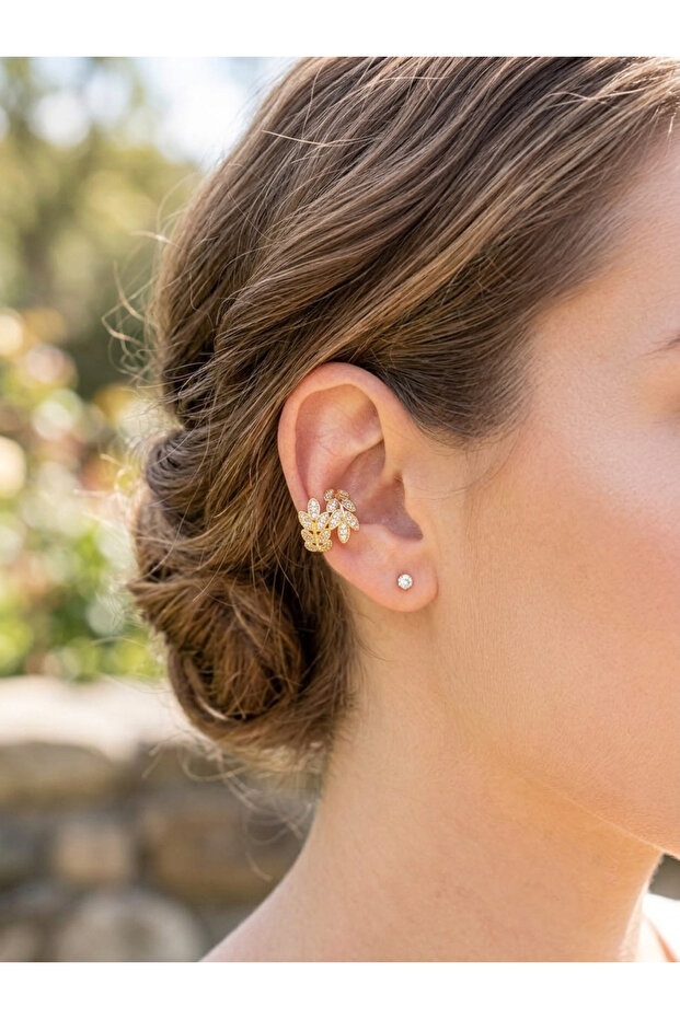 Zircon Stone Leaf Model Earcuff Cartilage Earring, Gold Plated - Non-Pierced Earring with Compression Closure