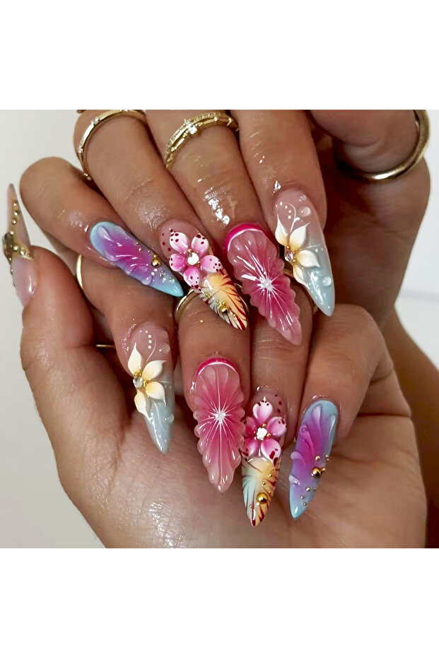 3238 3D Fake Nails Gradient Pink Purple Green Blue Orange Embossed Flowers Fruit Metallic Rhinestone