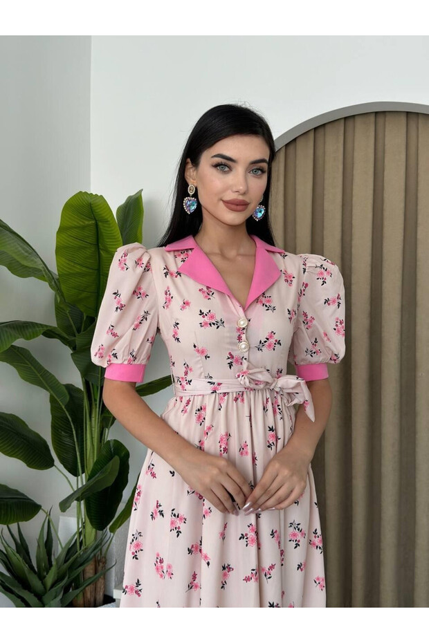 Women's Pink Floral Patterned Contrast Collar Belted Balloon Sleeve Midi Dress