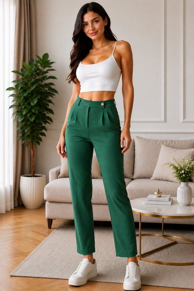 42 Size Green Polyester Fabric Trousers Button Zipper High Waist Relaxed Cut Women's Pants
